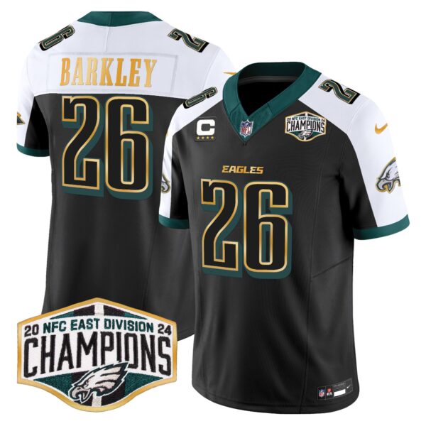 Eagles 2024 NFC East Division Champions Gold Trim Vapor Limited Jersey – All Stitched – Black Alternate – Saquon Barkley Jersey