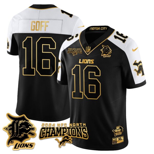 Detroit Lions 2024 NFC North Champions Gold Jersey N1 – All Stitched – Jared Goff – 16 – Alternate Jersey