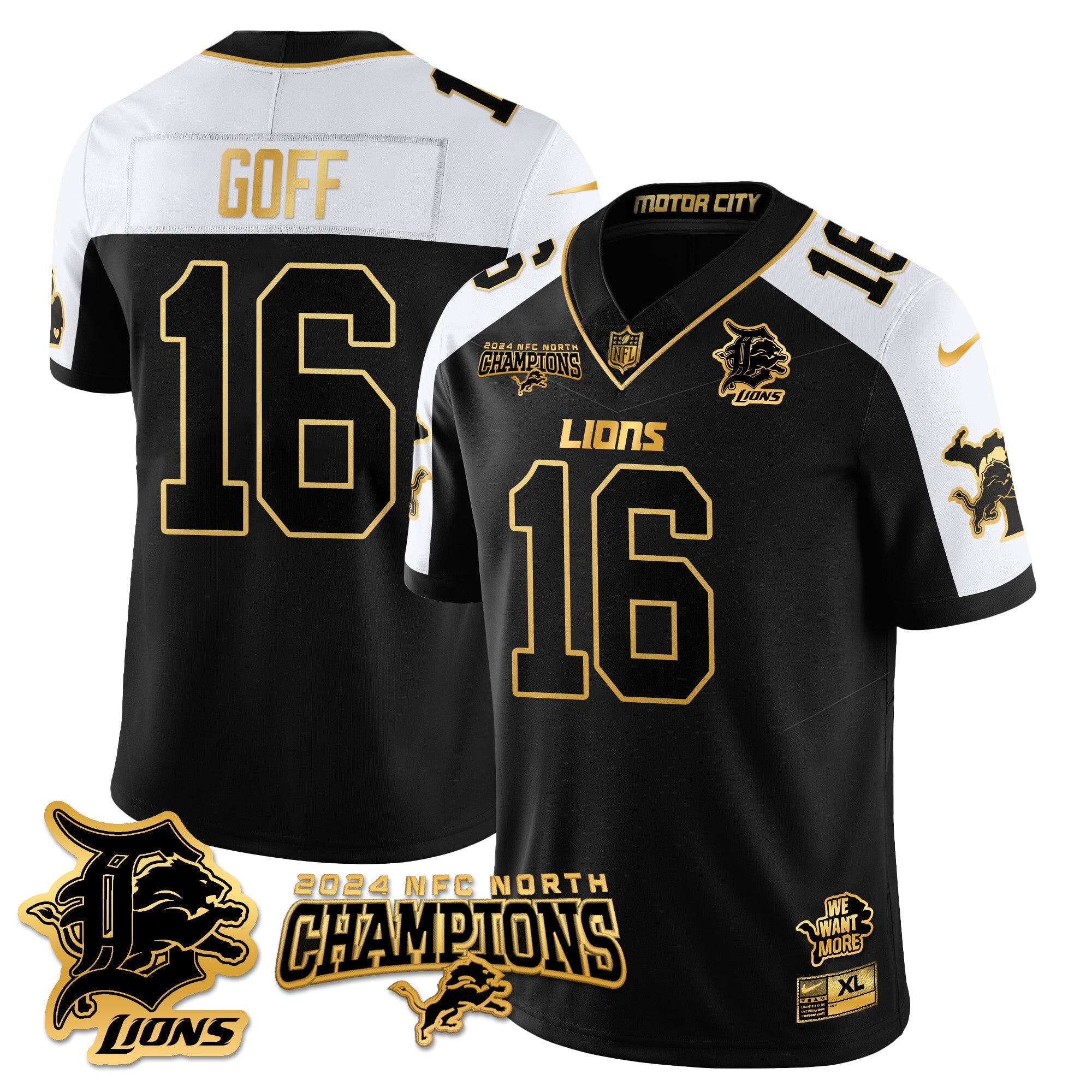 Detroit Lions 2024 NFC North Champions Gold Jersey N1 – All Stitched – Jared Goff – 16 – Alternate Jersey