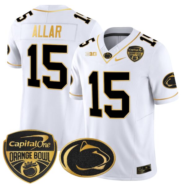 Penn State Nittany Lions Orange Bowl Patch Gold Vapor Limited Jersey – All Stitched – White Gold – Drew Allar Jersey