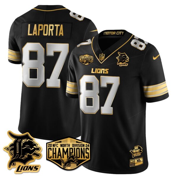 Detroit Lions 2024 NFC North Champions Gold Jersey – All Stitched – Sam LaPorta – 87 – Black Limited Jersey