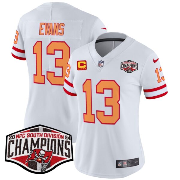 Women’s Tampa Bay Buccaneers Creamsicle 2024 NFC South Division Champions Patch Vapor Limited Jersey – All Stitched – White – Mike Evans Jersey
