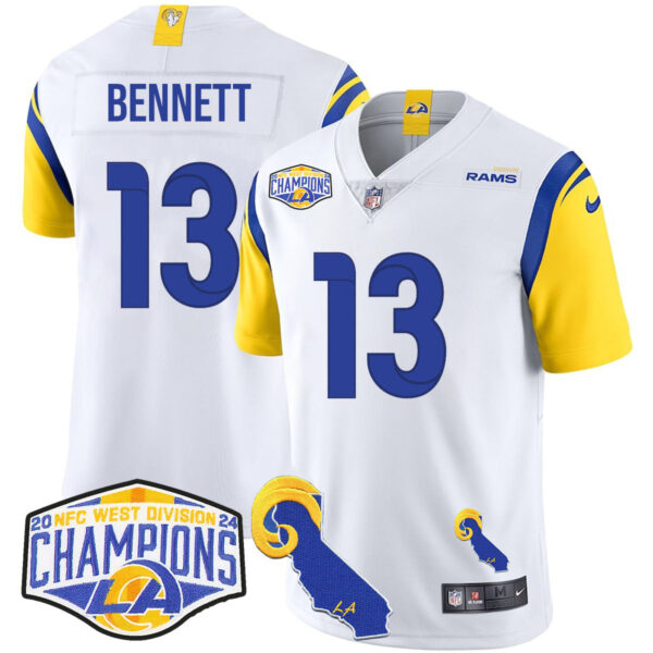 Los Angeles Rams 2024 NFC West Division Champions Jersey N1 – All Stitched – Stetson Bennett – 13 – White Jersey