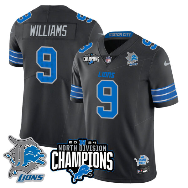 Detroit Lions 2024 NFC North Champions Gold Jersey N2 – All Stitched – Jameson Williams – 9 – Black Jersey