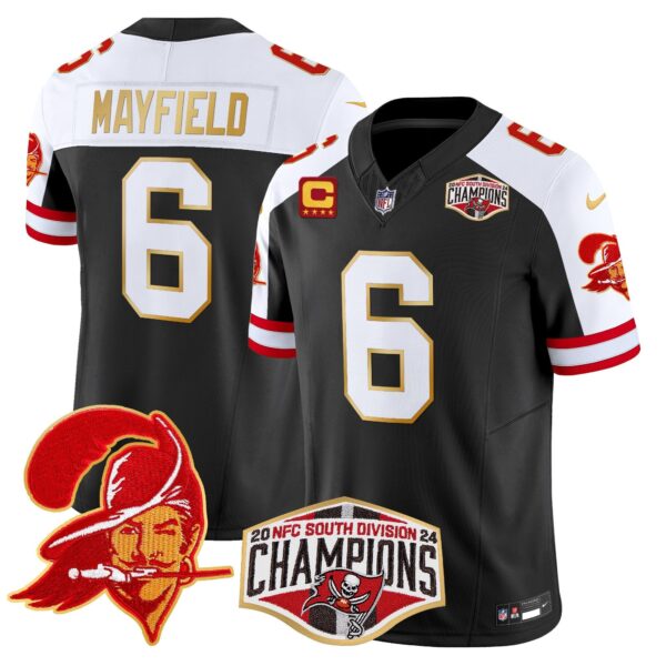 Buccaneers Creamsicle 2024 NFC South Division Champions Patch Gold Trim Vapor Limited Jersey – All Stitched – Black Alternate – Baker Mayfield Jersey