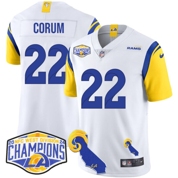 Los Angeles Rams 2024 NFC West Division Champions Jersey N1 – All Stitched – Blake Corum – 22 – White Jersey