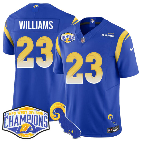 Los Angeles Rams 2024 NFC West Division Champions Jersey N1 – All Stitched – Kyren Williams – 23 – Royal Jersey