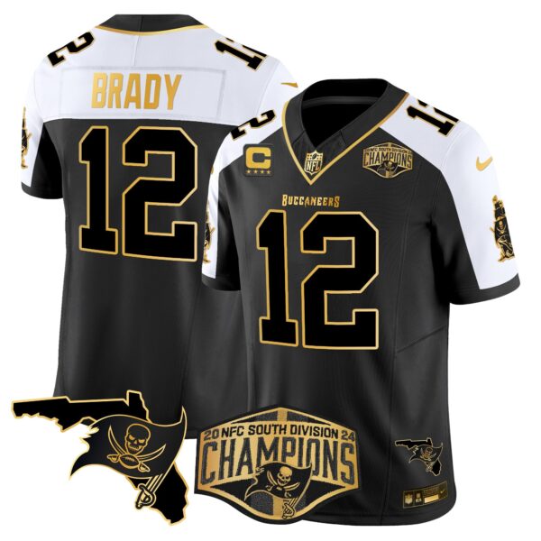 Buccaneers 2024 NFC South Division Champions Patch Gold Vapor Limited Jersey – All Stitched – Black Alternate – Tom Brady Jersey