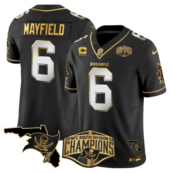 Buccaneers 2024 NFC South Division Champions Patch Gold Vapor Limited Jersey – All Stitched – Black Limited – Baker Mayfield Jersey