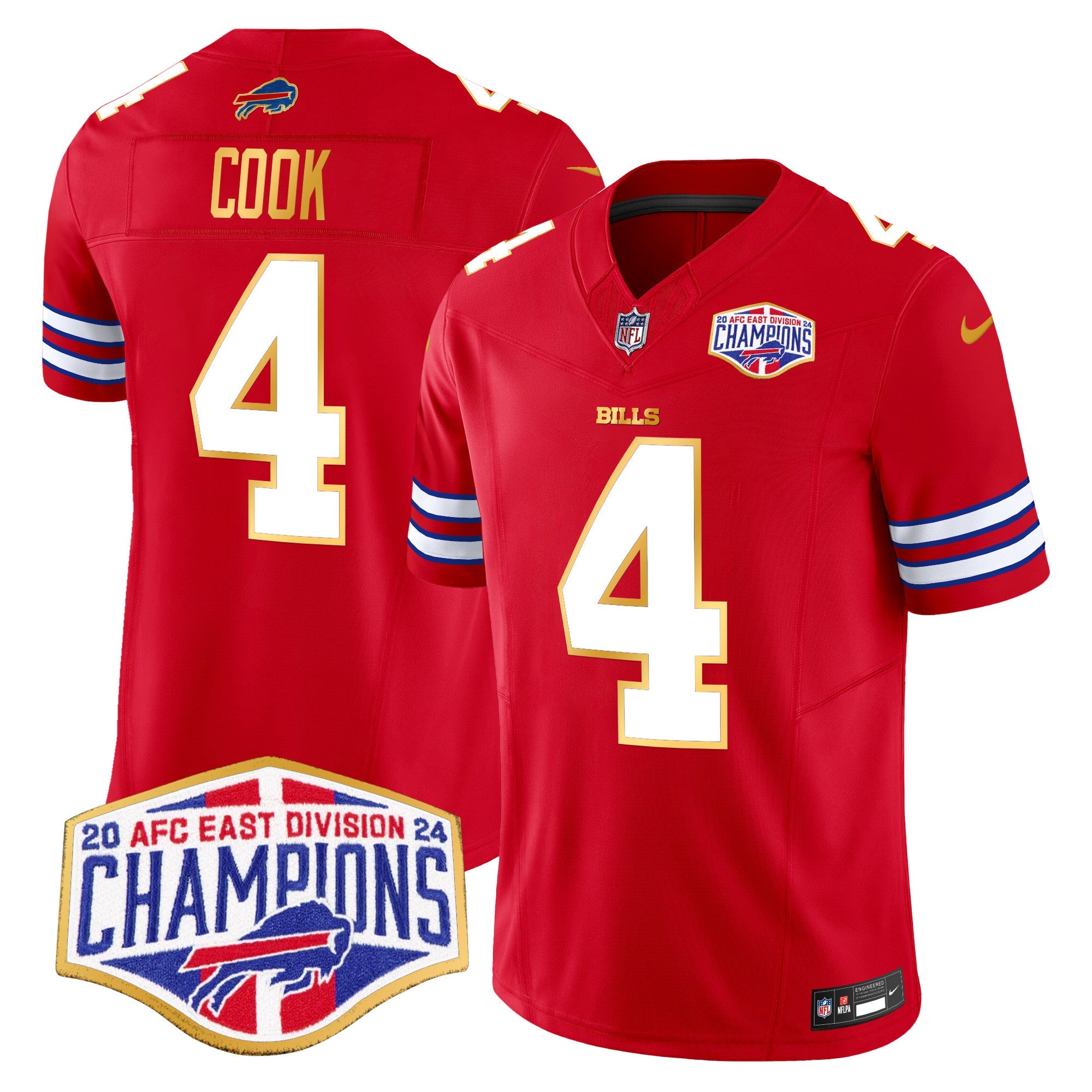 Bills 2024 AFC East Division Champions Gold Trim Vapor Limited Jersey – All Stitched – Red – James Cook Jersey