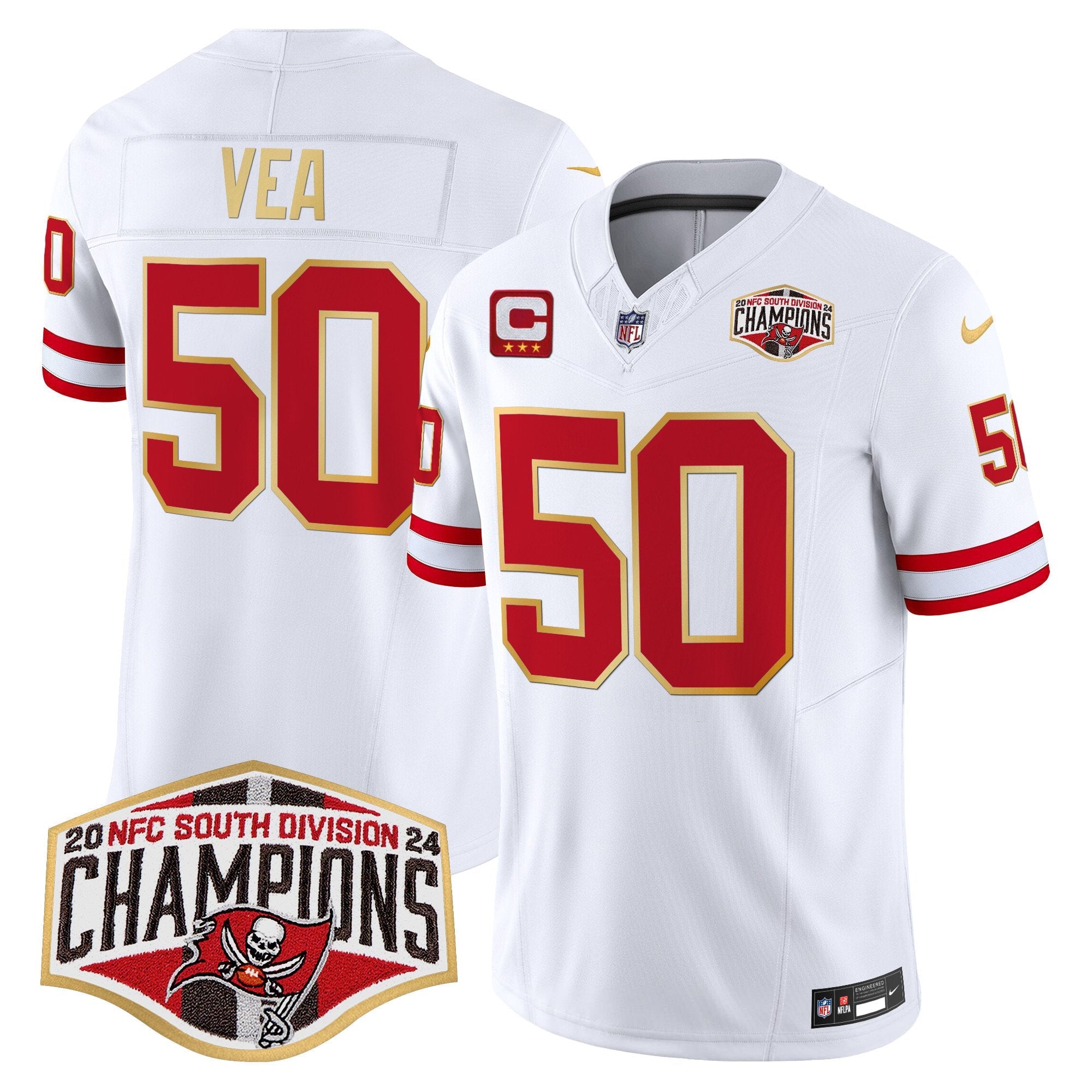 Buccaneers Creamsicle 2024 NFC South Division Champions Patch Gold Trim Vapor Limited Jersey – All Stitched – White – Vita Vea Jersey