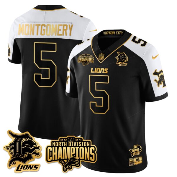 Detroit Lions 2024 NFC North Champions Gold Jersey N2 – All Stitched – David Montgomery – 5 – Alternate Jersey