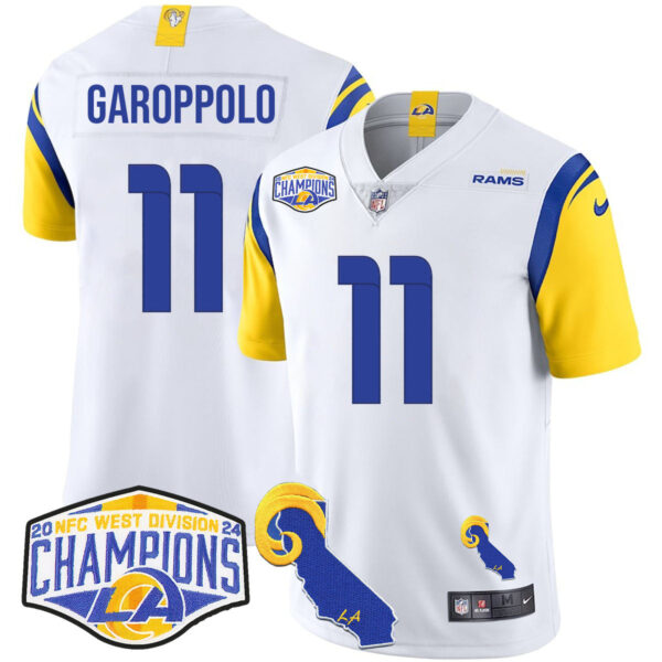 Los Angeles Rams 2024 NFC West Division Champions Jersey N1 – All Stitched – Jimmy Garoppolo – 11 – White Jersey