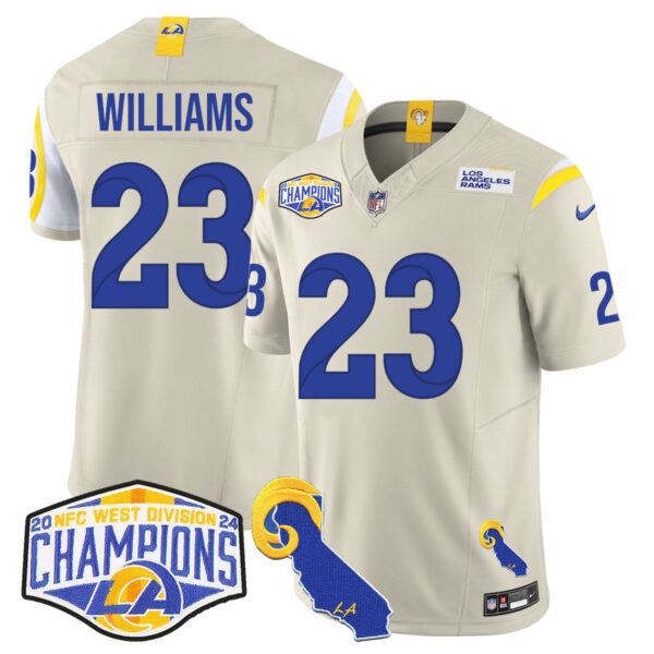 Los Angeles Rams 2024 NFC West Division Champions Jersey N1 – All Stitched – Kyren Williams – 23 – Bone Jersey