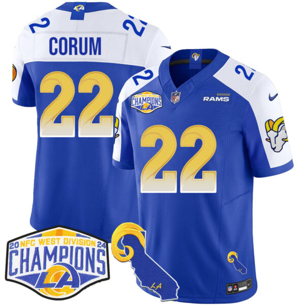 Los Angeles Rams 2024 NFC West Division Champions Jersey N1 – All Stitched – Blake Corum – 22 – Royal Alternate Jersey
