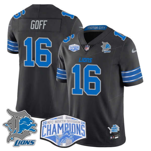 Detroit Lions 2024 NFC North Champions Gold Jersey – All Stitched – Jared Goff – 16 – Black Jersey