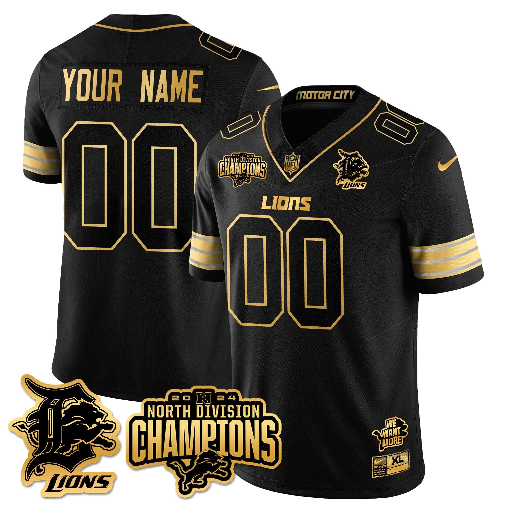 Custom Gender/Name Detroit Lions 2024 NFC North Champions Gold Jersey N2 – All Stitched – Black Gold Jersey