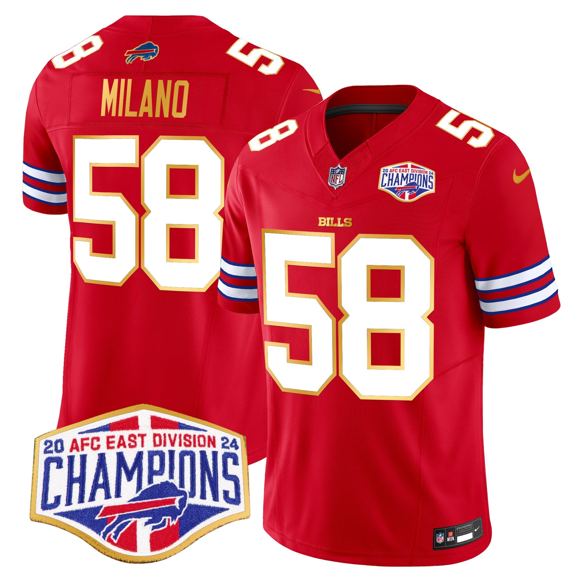 Bills 2024 AFC East Division Champions Gold Trim Vapor Limited Jersey – All Stitched – Red – Matt Milano Jersey