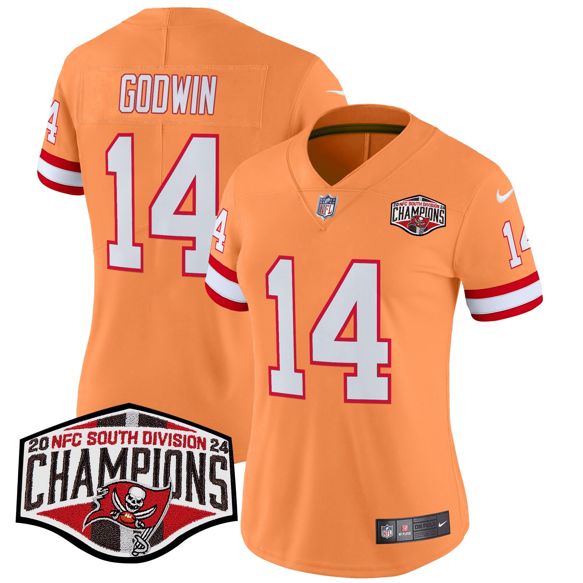 Women’s Tampa Bay Buccaneers Creamsicle 2024 NFC South Division Champions Patch Vapor Limited Jersey – All Stitched – Creamsicle – Chris Godwin Jersey