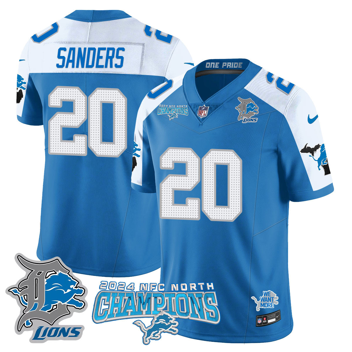 Detroit Lions 2024 NFC North Champions Gold Jersey N1 – All Stitched – Barry Sanders – 20 – Blue Alternate Jersey