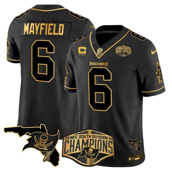 Buccaneers 2024 NFC South Division Champions Patch Gold Vapor Limited Jersey – All Stitched – Black Gold – Baker Mayfield Jersey