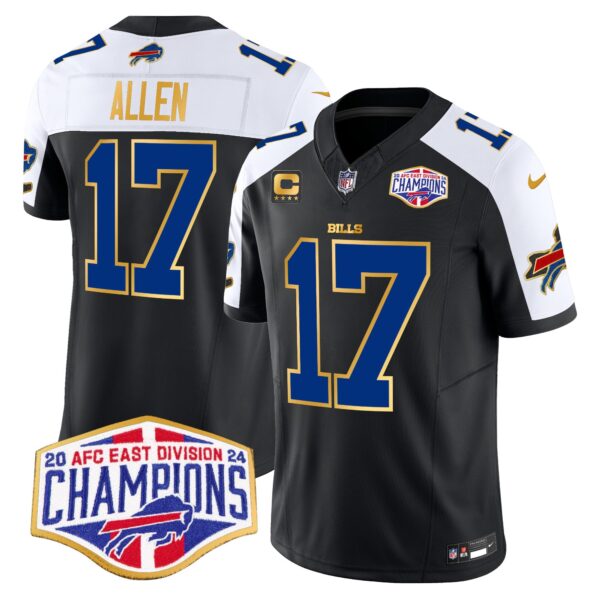 Bills 2024 AFC East Division Champions Gold Trim Vapor Limited Jersey – All Stitched – Black Alternate – Josh Allen Jersey