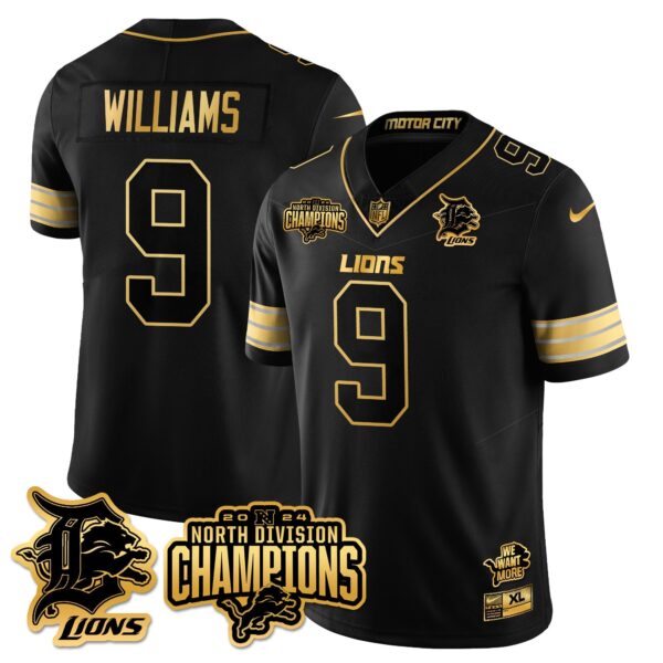 Detroit Lions 2024 NFC North Champions Gold Jersey N2 – All Stitched – Jameson Williams – 9 – Black Gold Jersey