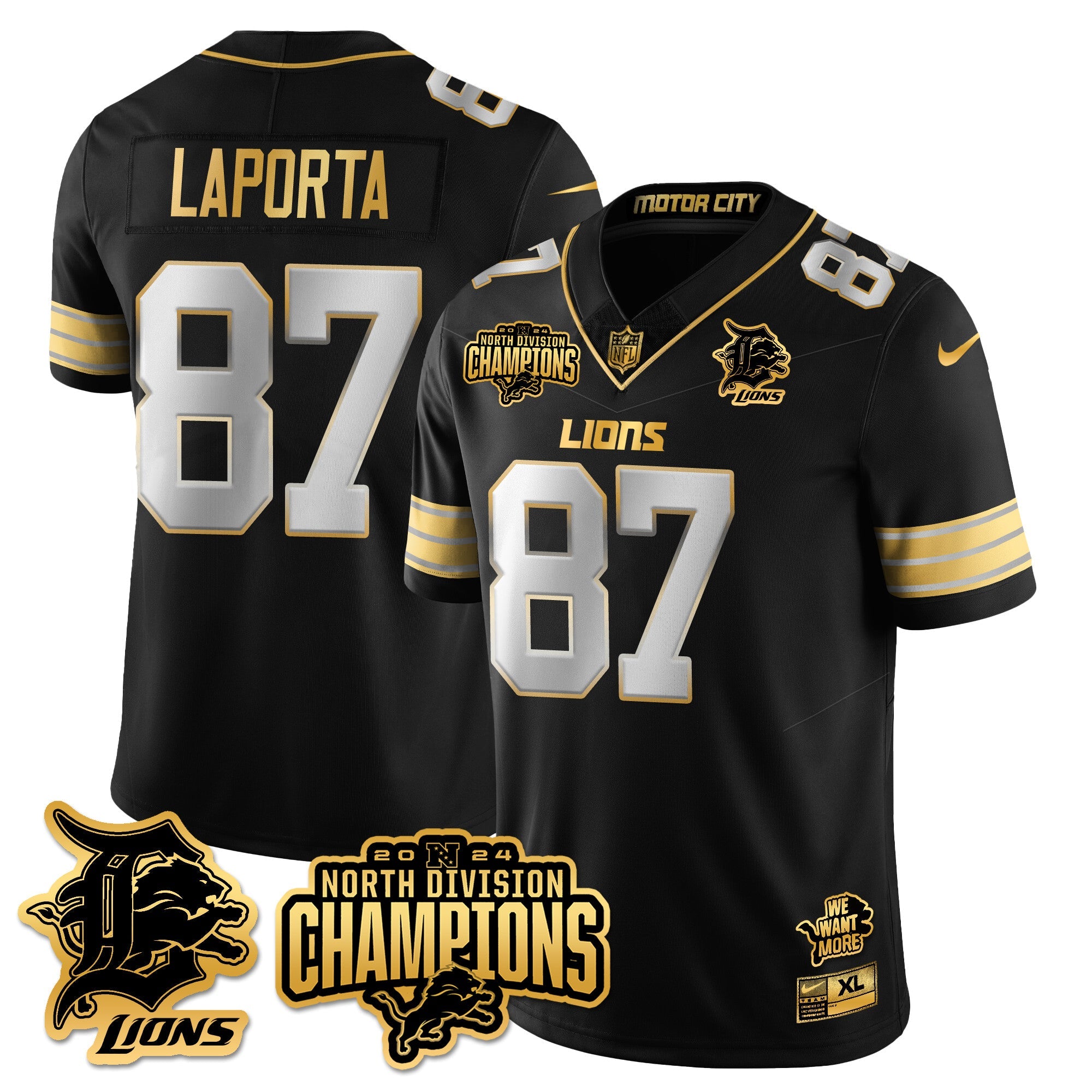Detroit Lions 2024 NFC North Champions Gold Jersey N2 – All Stitched – Sam LaPorta – 87 – Black Limited Jersey
