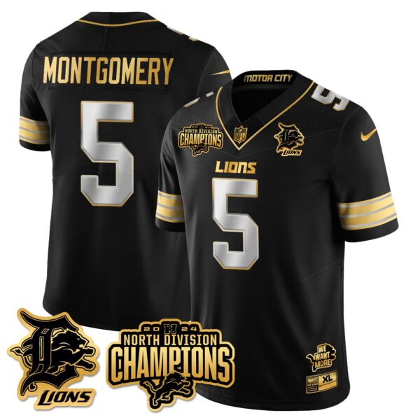 Detroit Lions 2024 NFC North Champions Gold Jersey N2 – All Stitched – David Montgomery – 5 – Black Limited Jersey