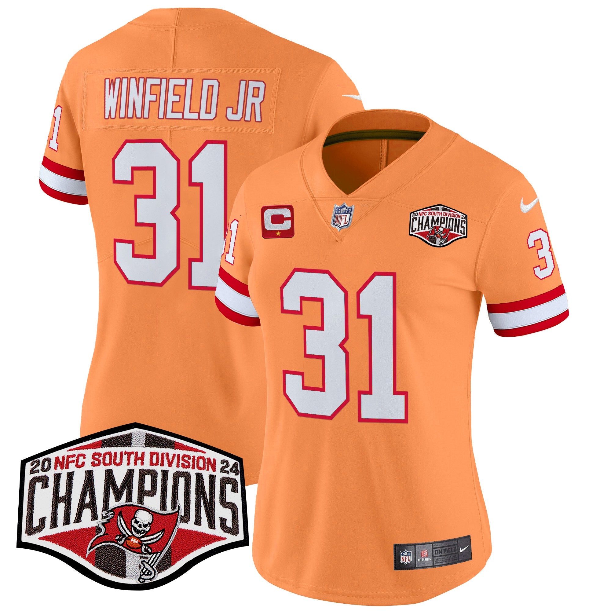 Women’s Tampa Bay Buccaneers Creamsicle 2024 NFC South Division Champions Patch Vapor Limited Jersey – All Stitched – Creamsicle – Antoine Winfield Jr. Jersey