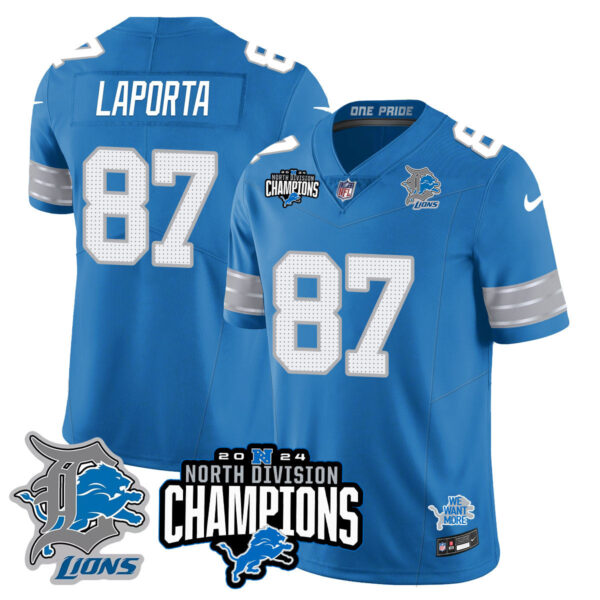 Detroit Lions 2024 NFC North Champions Gold Jersey N2 – All Stitched – Sam LaPorta – 87 – Blue Jersey