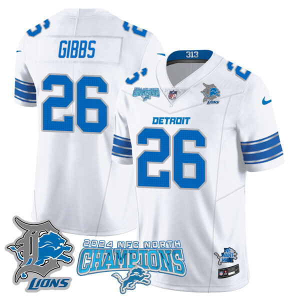 Detroit Lions 2024 NFC North Champions Gold Jersey N1 – All Stitched – Jahmyr Gibbs – 26 – White Jersey