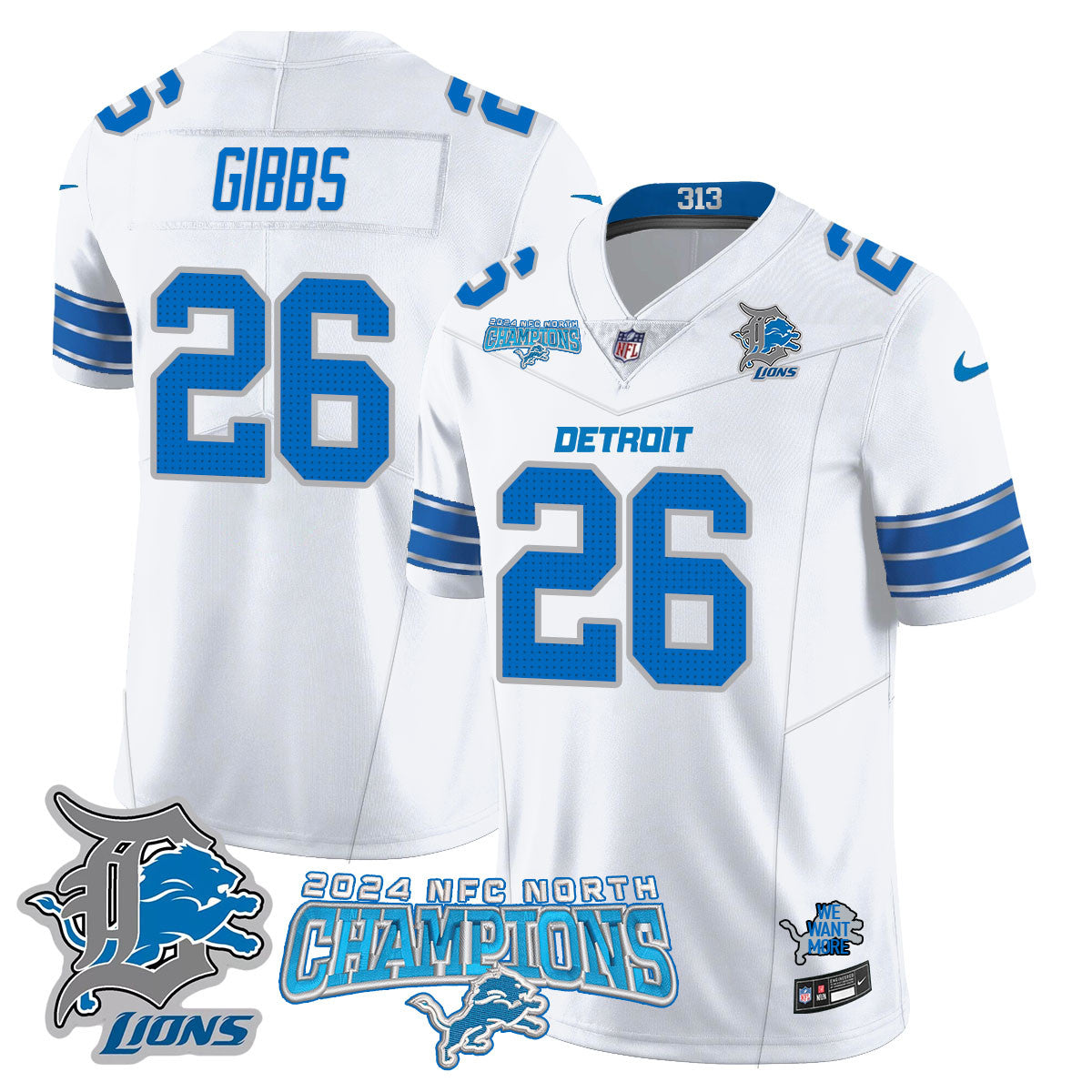 Detroit Lions 2024 NFC North Champions Gold Jersey N1 – All Stitched – Jahmyr Gibbs – 26 – White Jersey