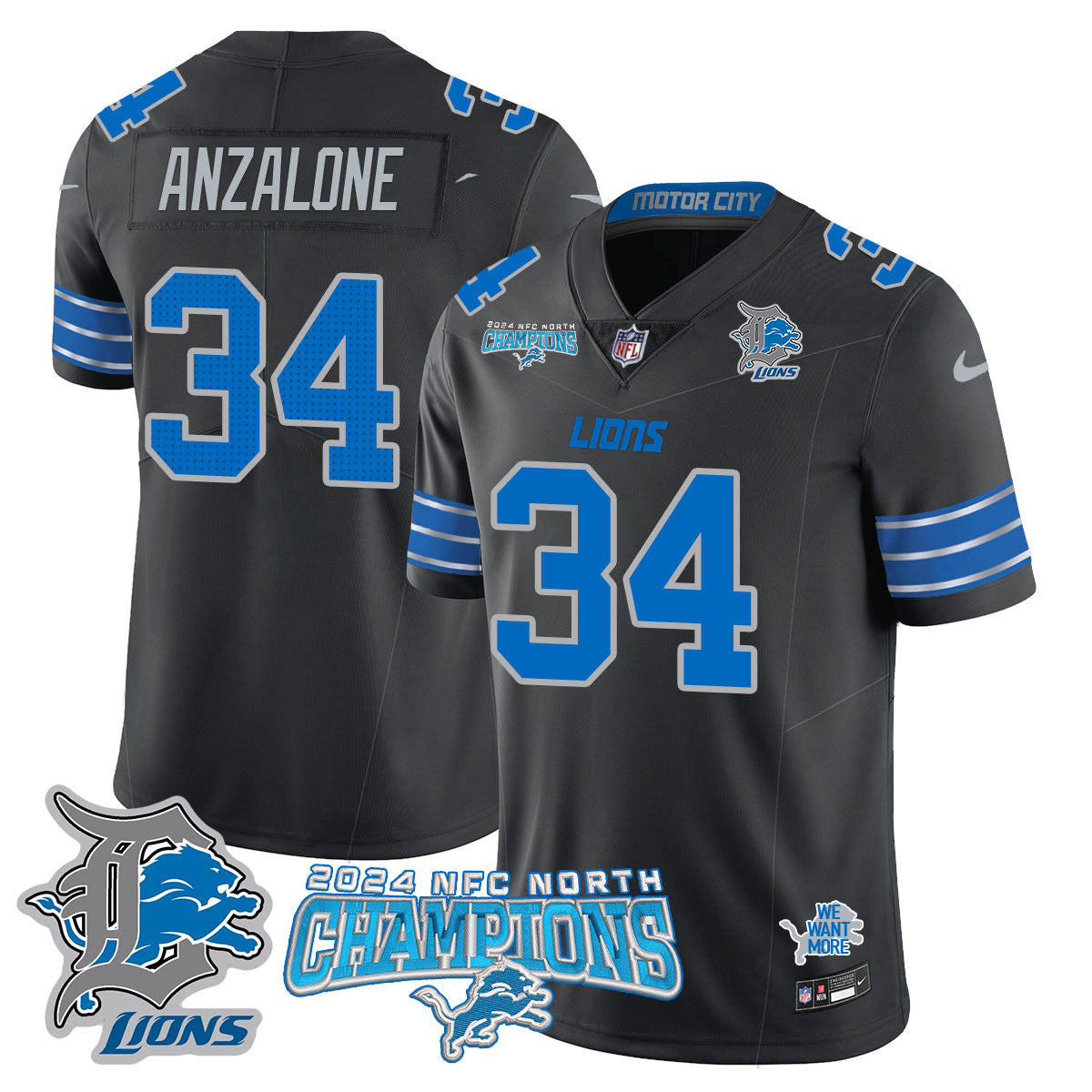 Detroit Lions 2024 NFC North Champions Gold Jersey N1 – All Stitched – Alex Anzalone – 34 – Black Jersey