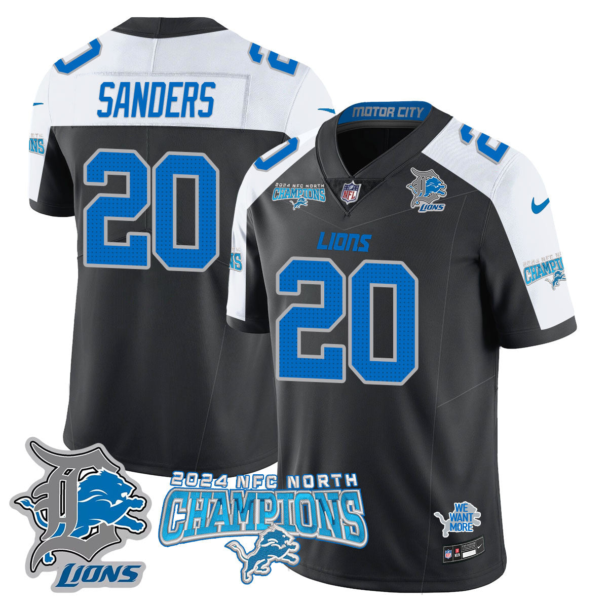 Detroit Lions 2024 NFC North Champions Gold Jersey N1 – All Stitched – Barry Sanders – 20 – Black Alternate Jersey