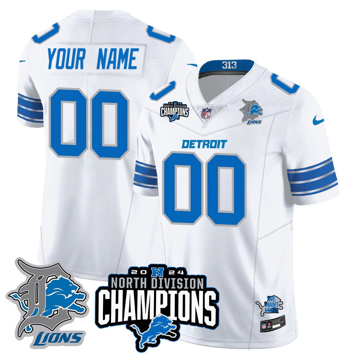 Custom Gender/Name Detroit Lions 2024 NFC North Champions Gold Jersey N2 – All Stitched – White Jersey