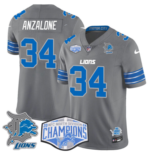Detroit Lions 2024 NFC North Champions Gold Jersey – All Stitched – Alex Anzalone – 34 – Gray Jersey