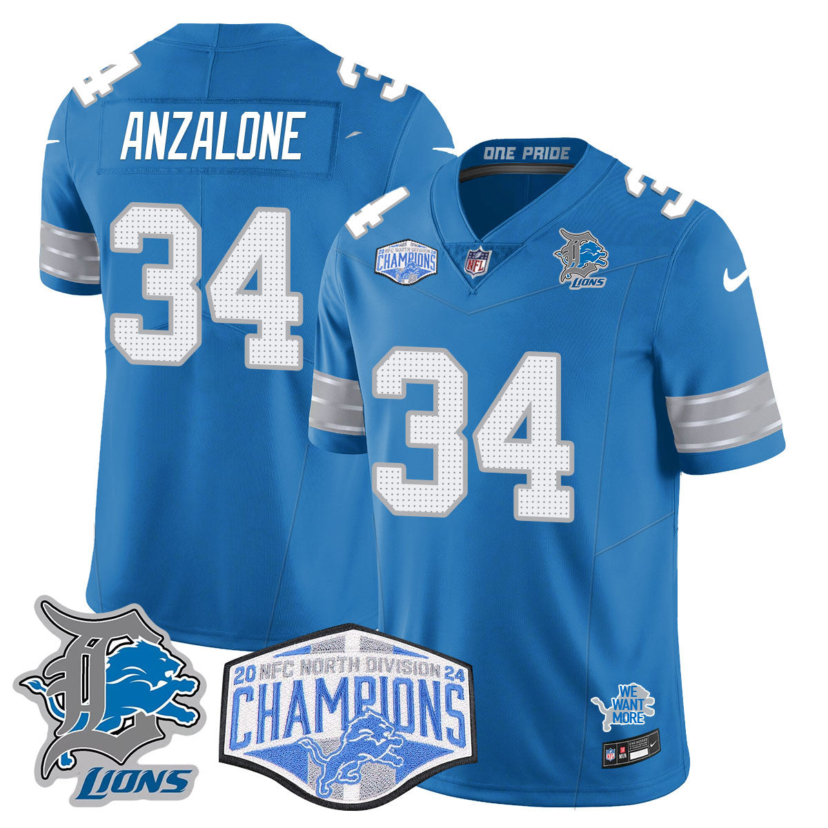 Detroit Lions 2024 NFC North Champions Gold Jersey – All Stitched – Alex Anzalone – 34 – Blue Jersey