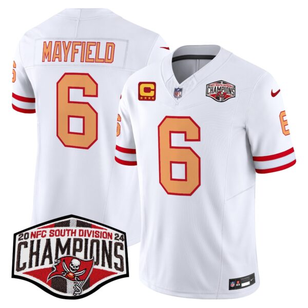 Tampa Bay Buccaneers Throwback 2024 NFC South Division Champions Patch Vapor Limited Jersey – All Stitched – White – Baker Mayfield Jersey