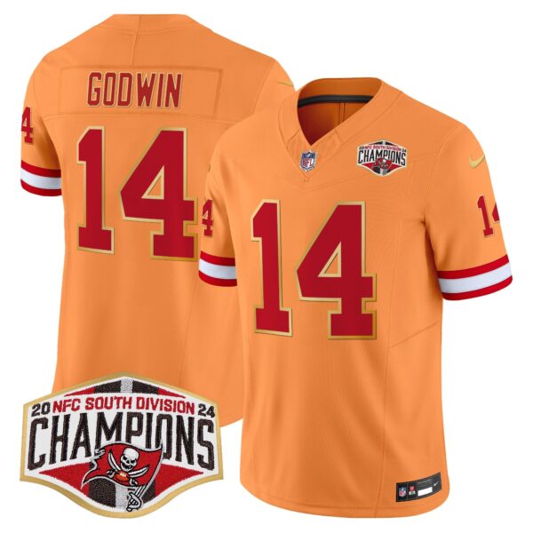 Buccaneers Creamsicle 2024 NFC South Division Champions Patch Gold Trim Vapor Limited Jersey – All Stitched – Creamsicle – Chris Godwin Jersey