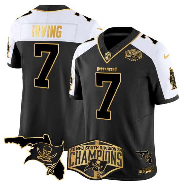 Buccaneers 2024 NFC South Division Champions Patch Gold Vapor Limited Jersey – All Stitched – Black Alternate – Bucky Irving Jersey