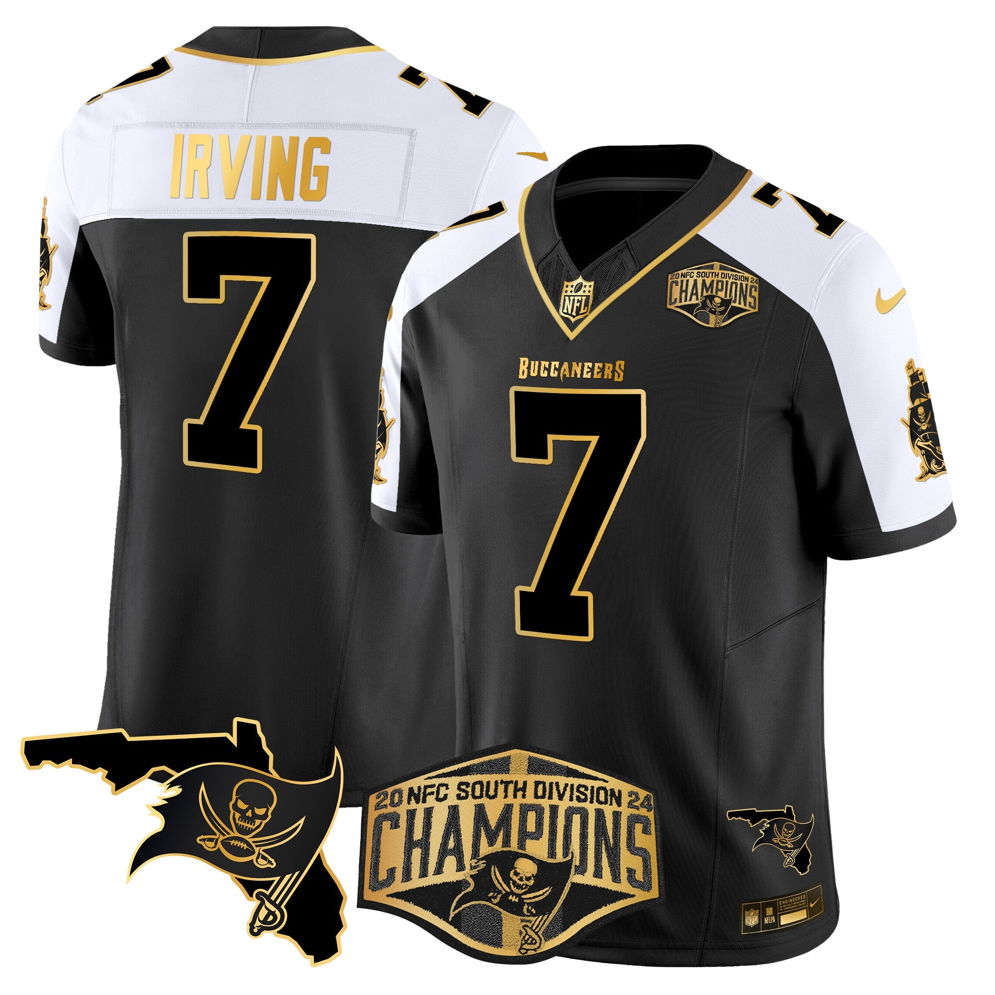 Buccaneers 2024 NFC South Division Champions Patch Gold Vapor Limited Jersey – All Stitched – Black Alternate – Bucky Irving Jersey