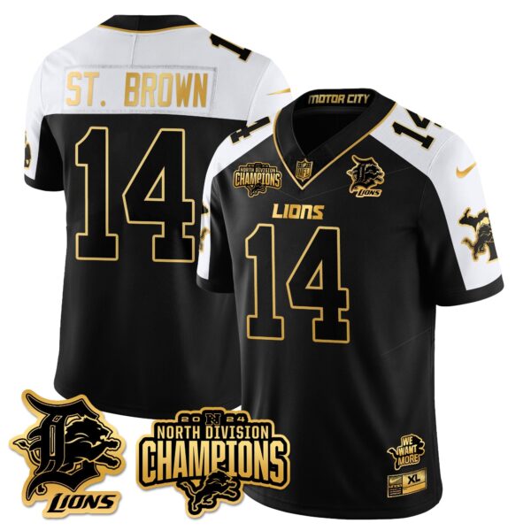 Detroit Lions 2024 NFC North Champions Gold Jersey N2 – All Stitched – Amon-Ra St. Brown – 14 – Alternate Jersey