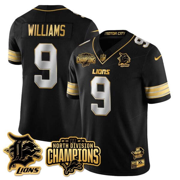 Detroit Lions 2024 NFC North Champions Gold Jersey N2 – All Stitched – Jameson Williams – 9 – Black Limited Jersey