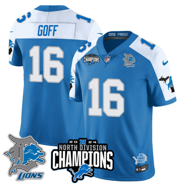 Detroit Lions 2024 NFC North Champions Gold Jersey N2 – All Stitched – Jared Goff – 16 – Blue Alternate Jersey
