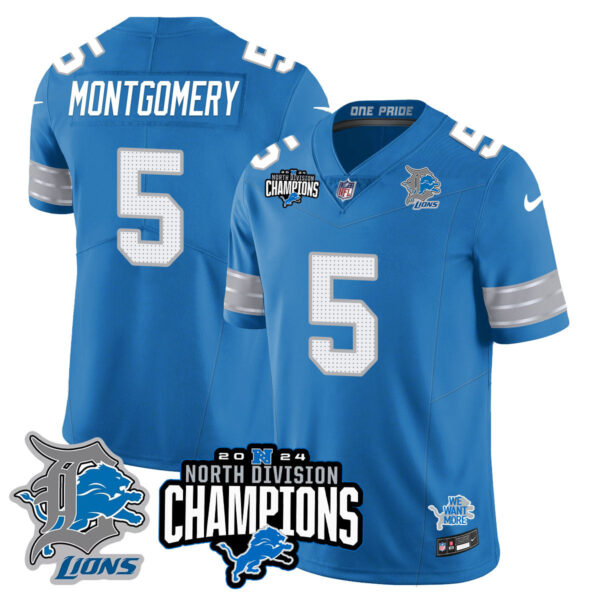 Detroit Lions 2024 NFC North Champions Gold Jersey N2 – All Stitched – David Montgomery – 5 – Blue Jersey
