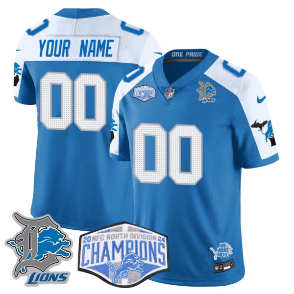 Custom Gender/Name Detroit Lions 2024 NFC North Champions Gold Jersey – All Stitche – Blue Alternate Jersey