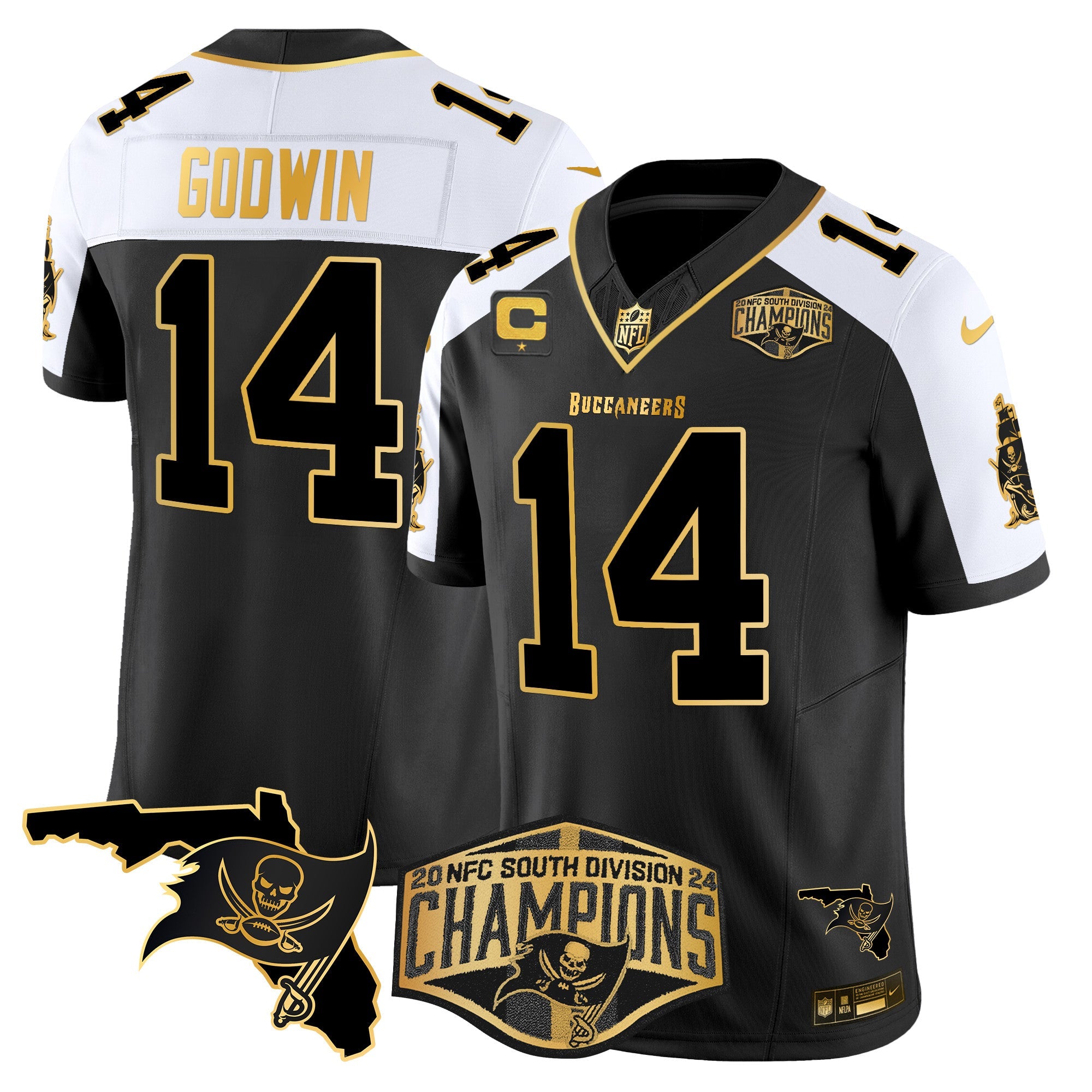 Buccaneers 2024 NFC South Division Champions Patch Gold Vapor Limited Jersey – All Stitched – Black Alternate – Chris Godwin Jersey