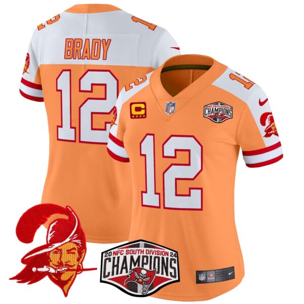 Women’s Tampa Bay Buccaneers Creamsicle 2024 NFC South Division Champions Patch Vapor Limited Jersey – All Stitched – Creamsicle Alternate – Tom Brady Jersey