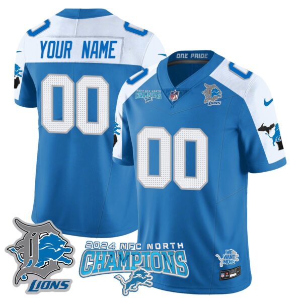 Custom Gender/Name Detroit Lions 2024 NFC North Champions Gold Jersey N1 – All Stitche – Blue Alternate Jersey